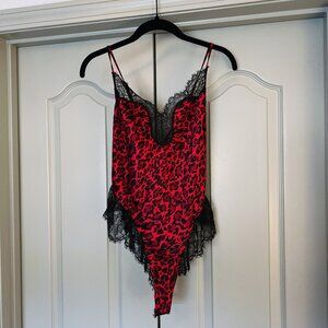 Red Leopard Lace Bodysuit Teddy Lingerie Satin Animal Print Strappy Y2K